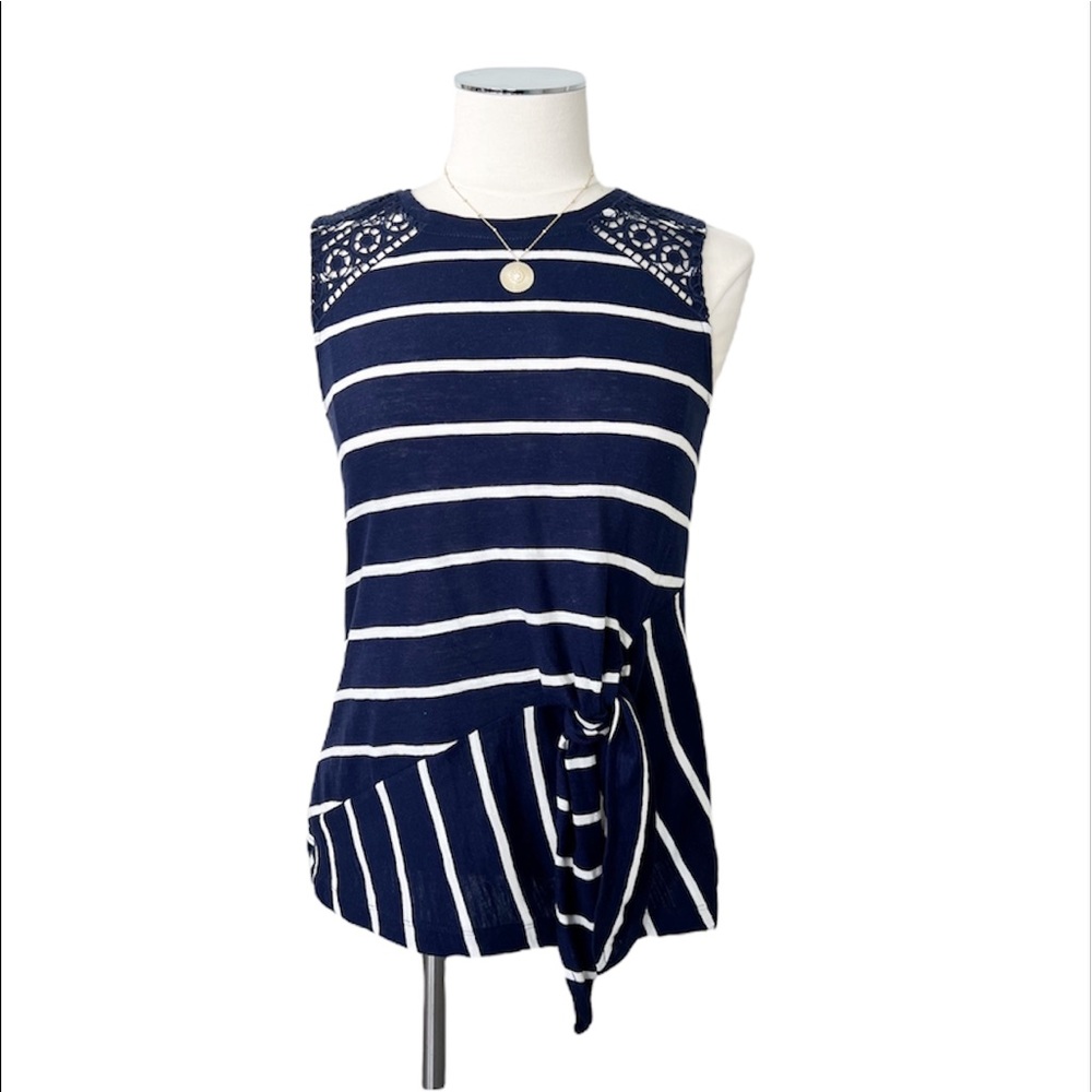 ANTHROPOLOGIE Navy Blue Striped Lace Shoulder Top Sz S Tie Sleeveless Cotton